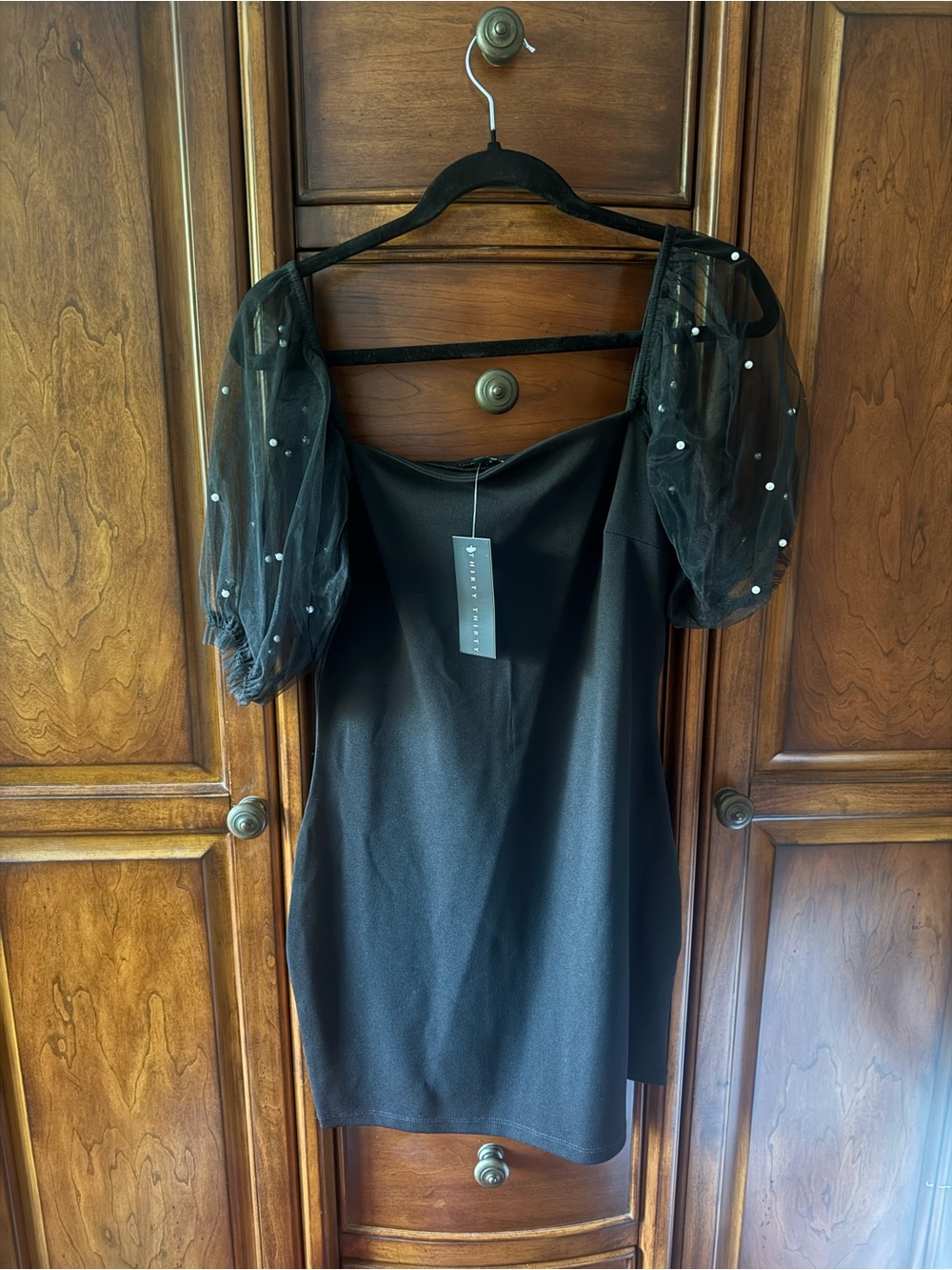 NWT Black Mini Dress with Sheer Pearl-Embellished Puff Sleeves